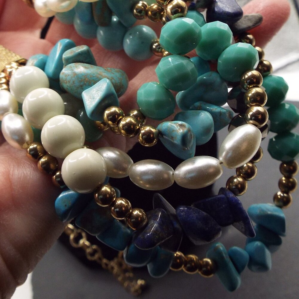 NATURAL TURQUOISE, JADE, LAPIS, CRYSTAL STONES CHUNKS 5 STRD. GOLDEN NECKLACE 68 - Picture 4 of 4